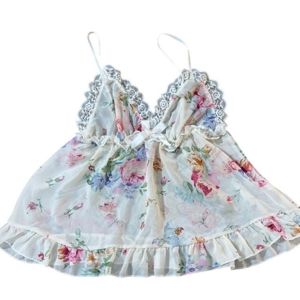 Floral Lace Trim Babydoll Camisole Top Multicolor Chiffon Ruffle Fairycore Layer